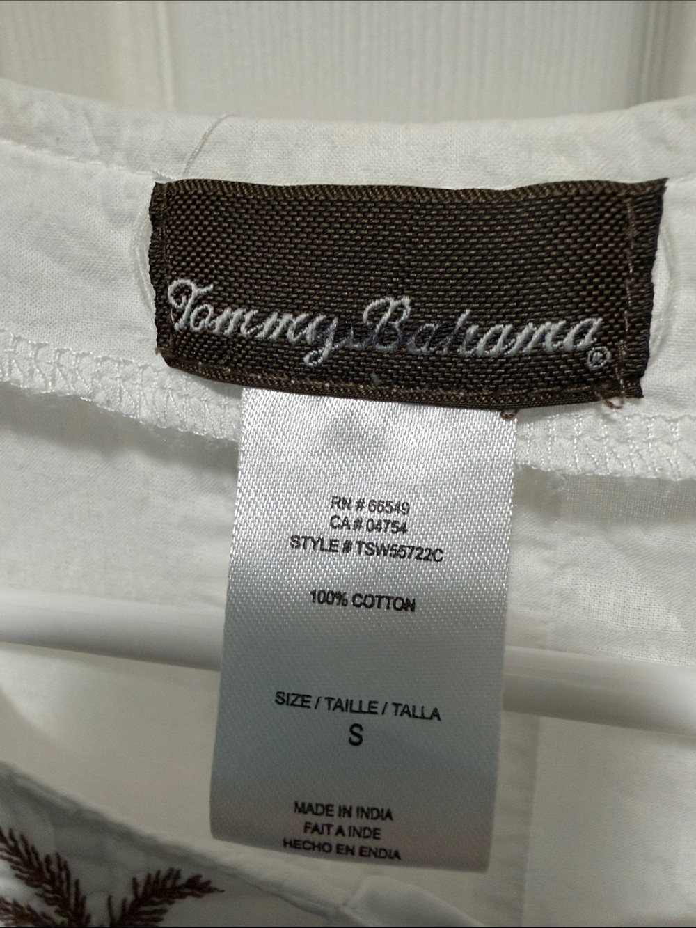 Tommy Bahama White Cotton Top with Brown Label and Embroidery - Picture 2 of 16